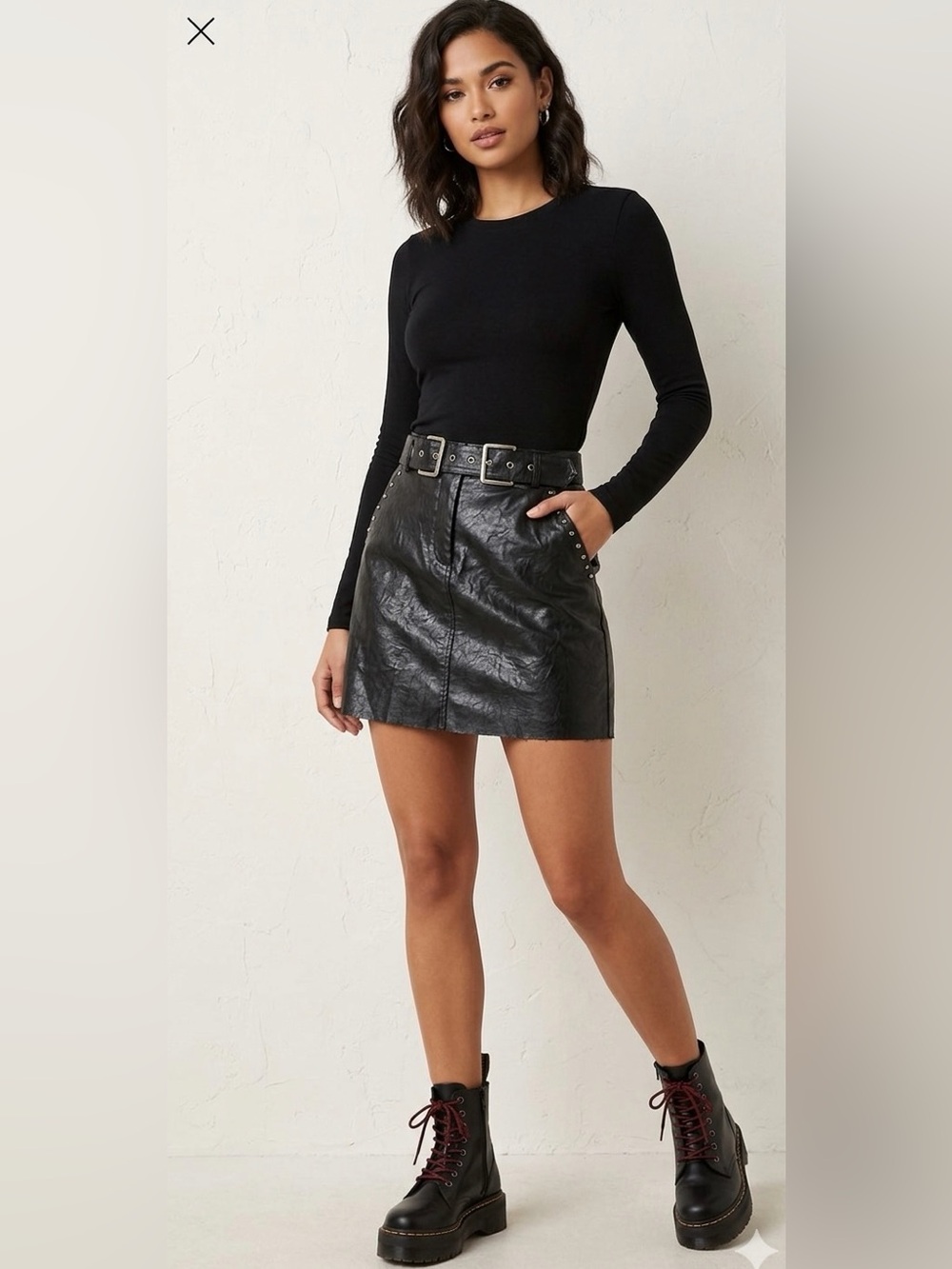 Zara Faux Leather Studded Embellished Belted Mini Skirt NWOT